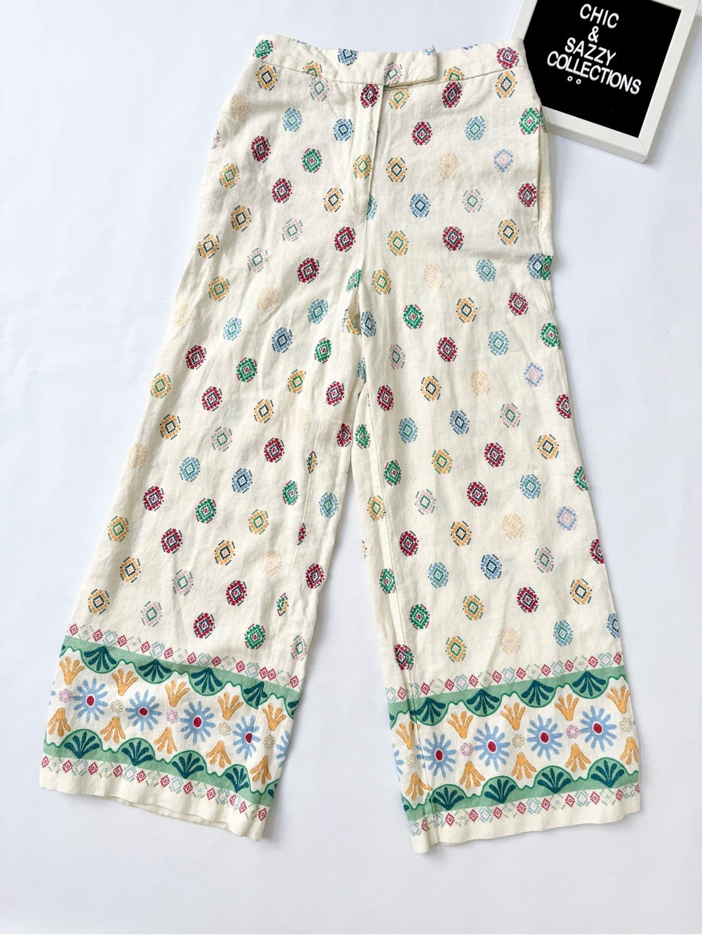Madison Cream Pants with Multicolor Embroidered Motifs